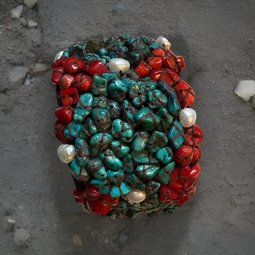 Turquoise Coral Pearl Beaded Bracelet signed SOMS TH Artisan Vintage